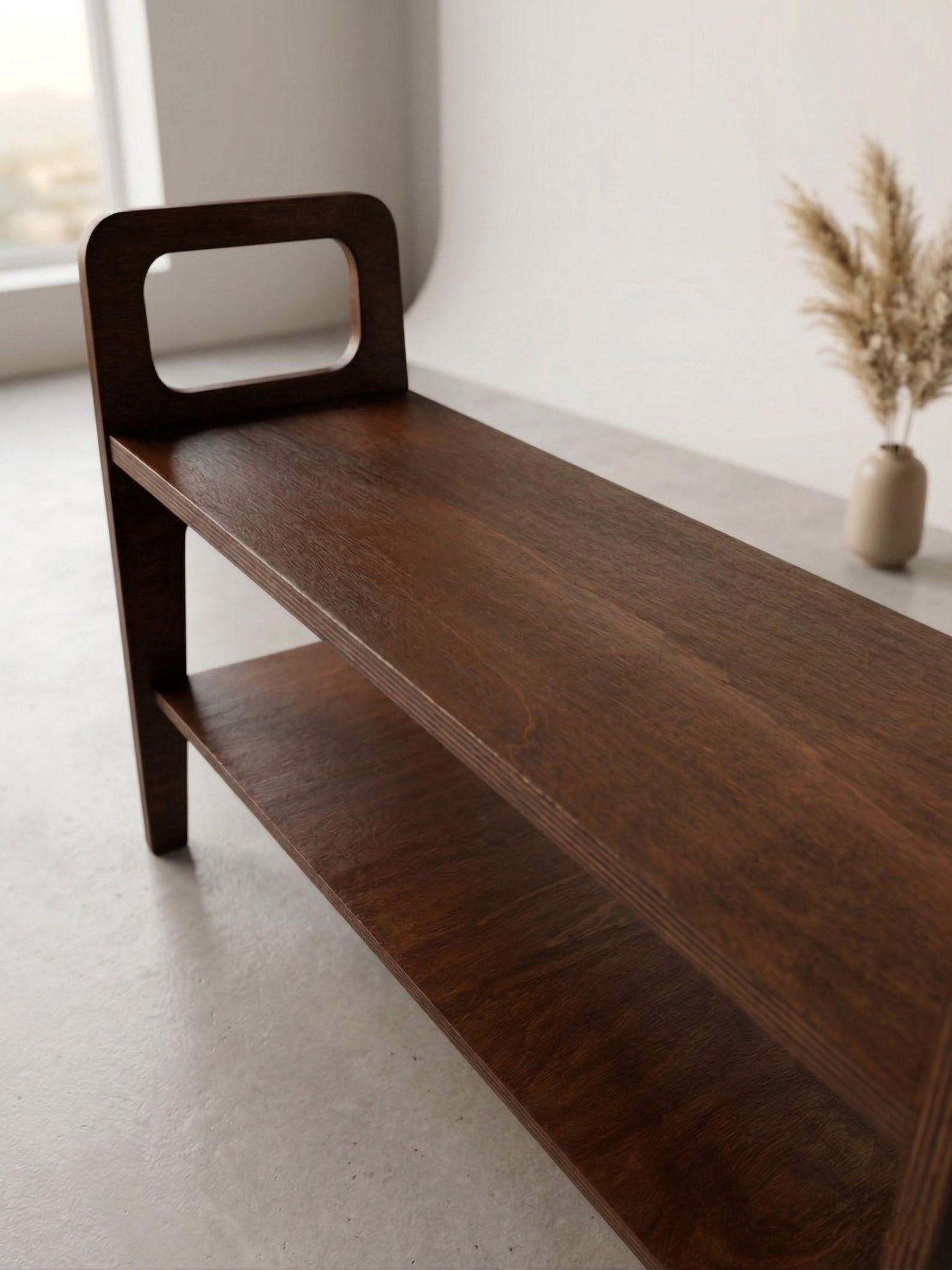 2-Tier Wood Bench with Open Handle Ends, Dark Walnut Finish image 1