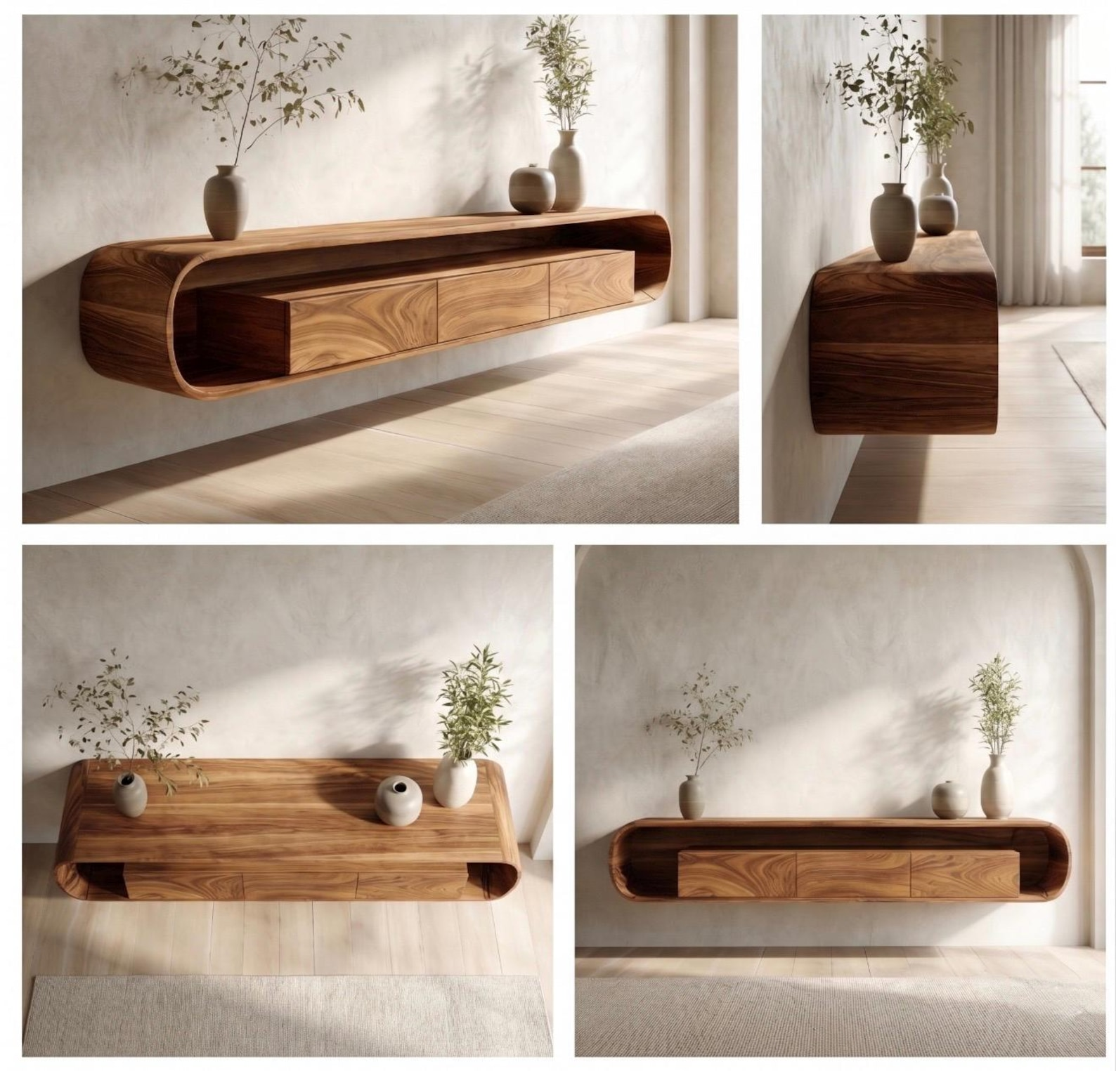 Floating Wall-Mounted TV Console with Drawers, Solid Wood, Curved Ends image 1