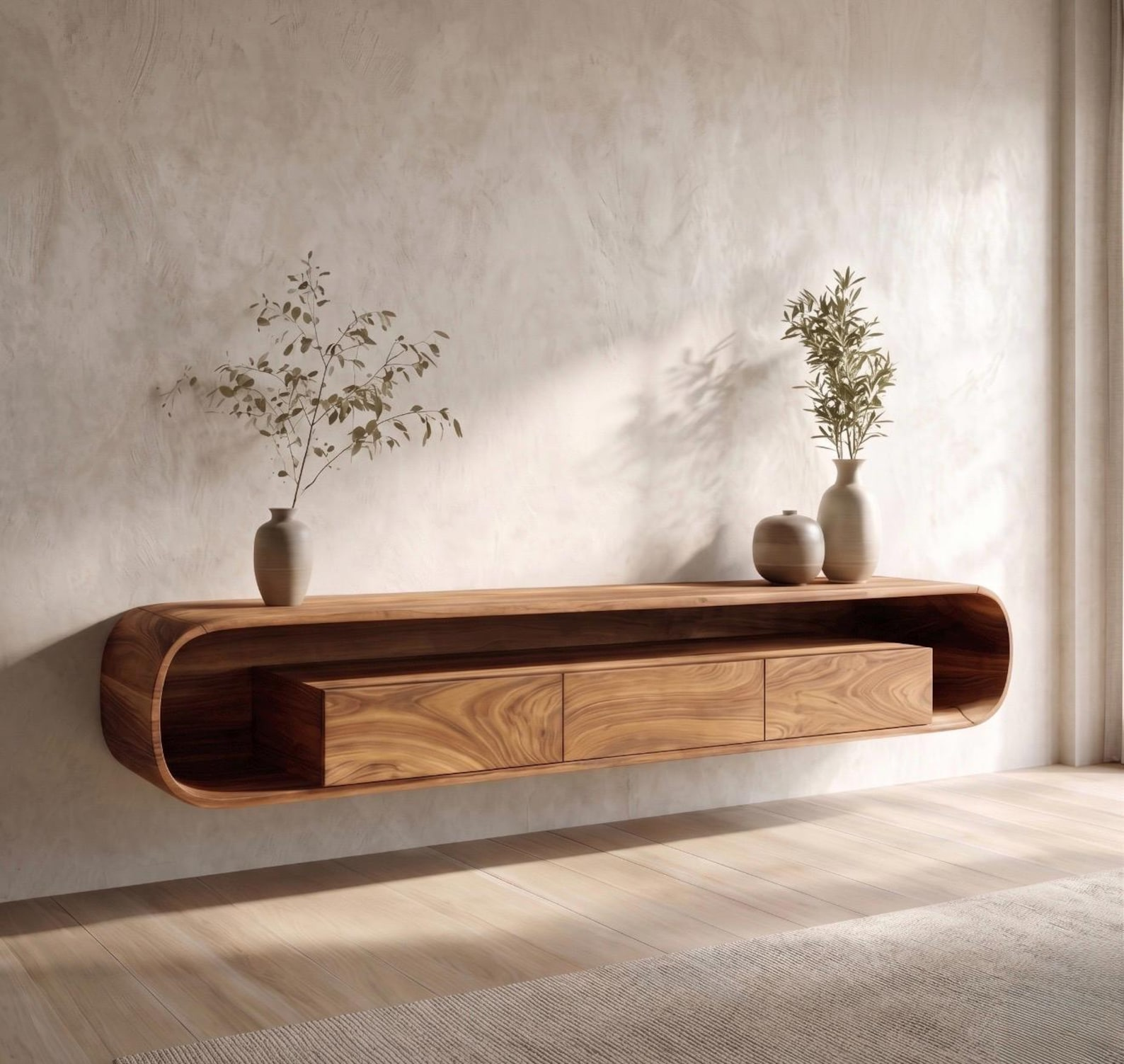 Floating Wall-Mounted TV Console with Drawers, Solid Wood, Curved Ends image 2