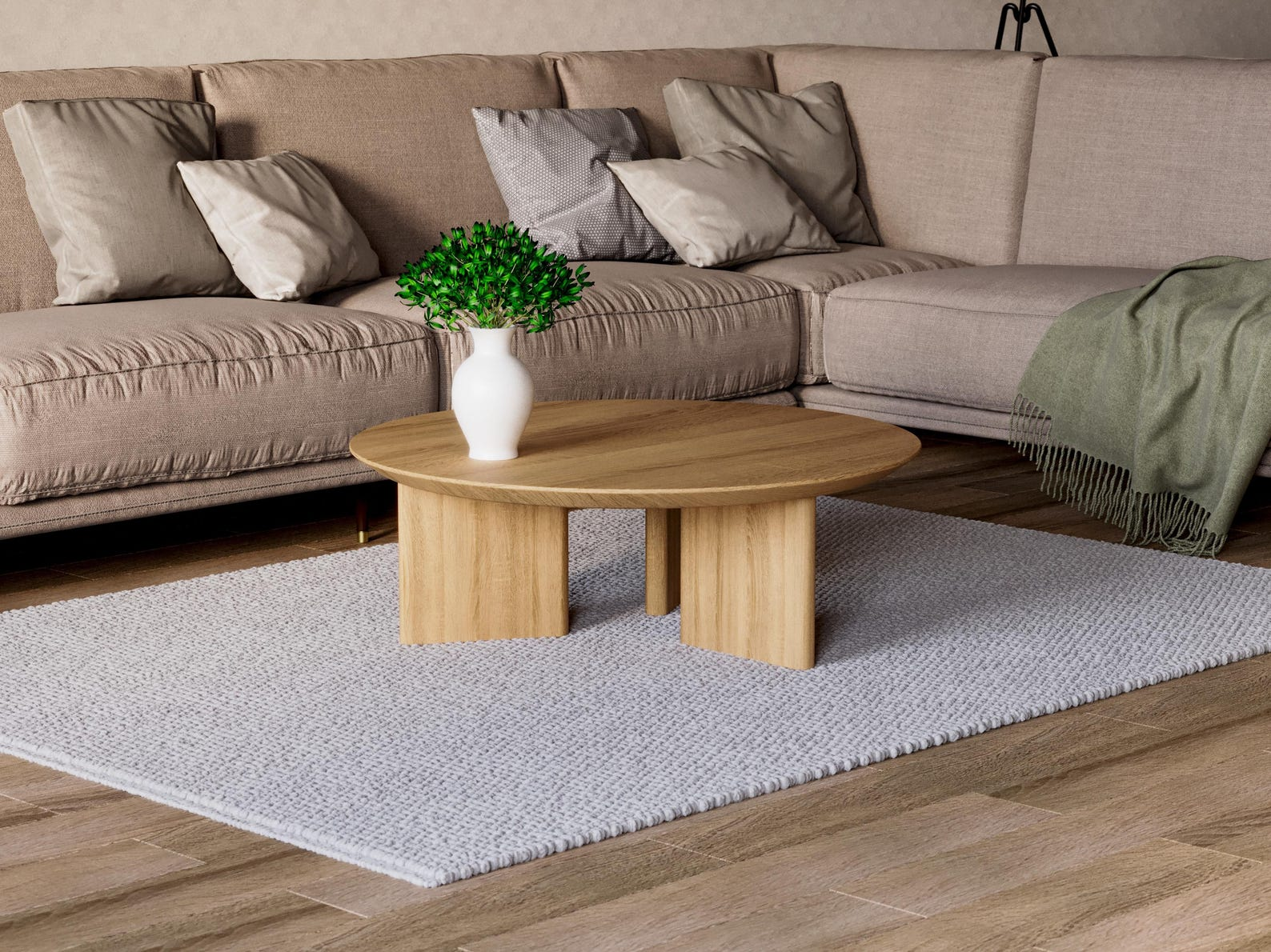 Round Wood Coffee Table with Pedestal Base, Natural Oak Finish image 1