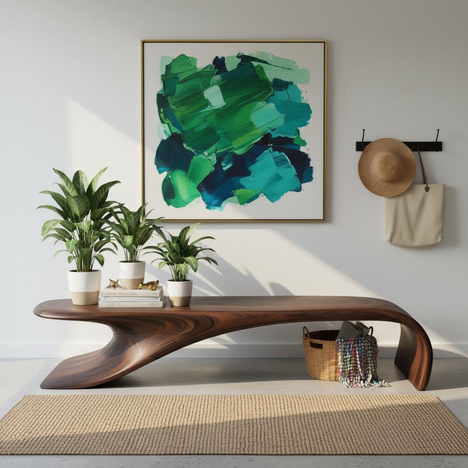 Sculptural Solid Wood Low Bench with Curved Organic Form image 1