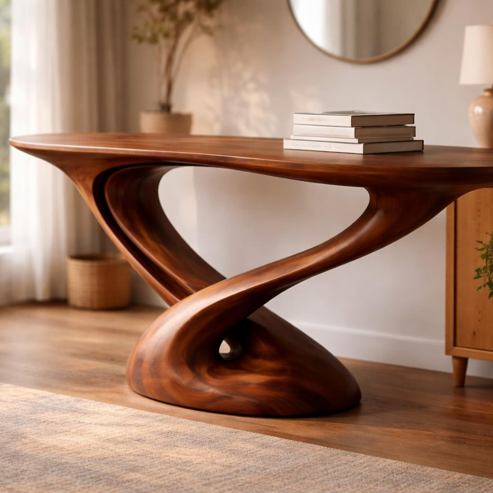 Solid Wood Console Table with Sculptural Twisted Base, Walnut Finish image 1