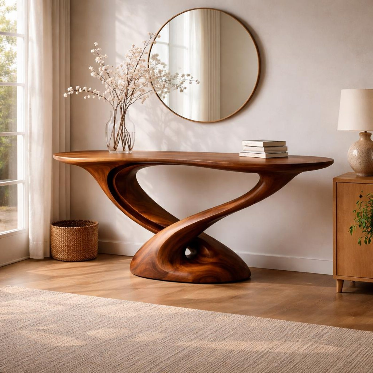 Solid Wood Console Table with Sculptural Twisted Base, Walnut Finish image 2