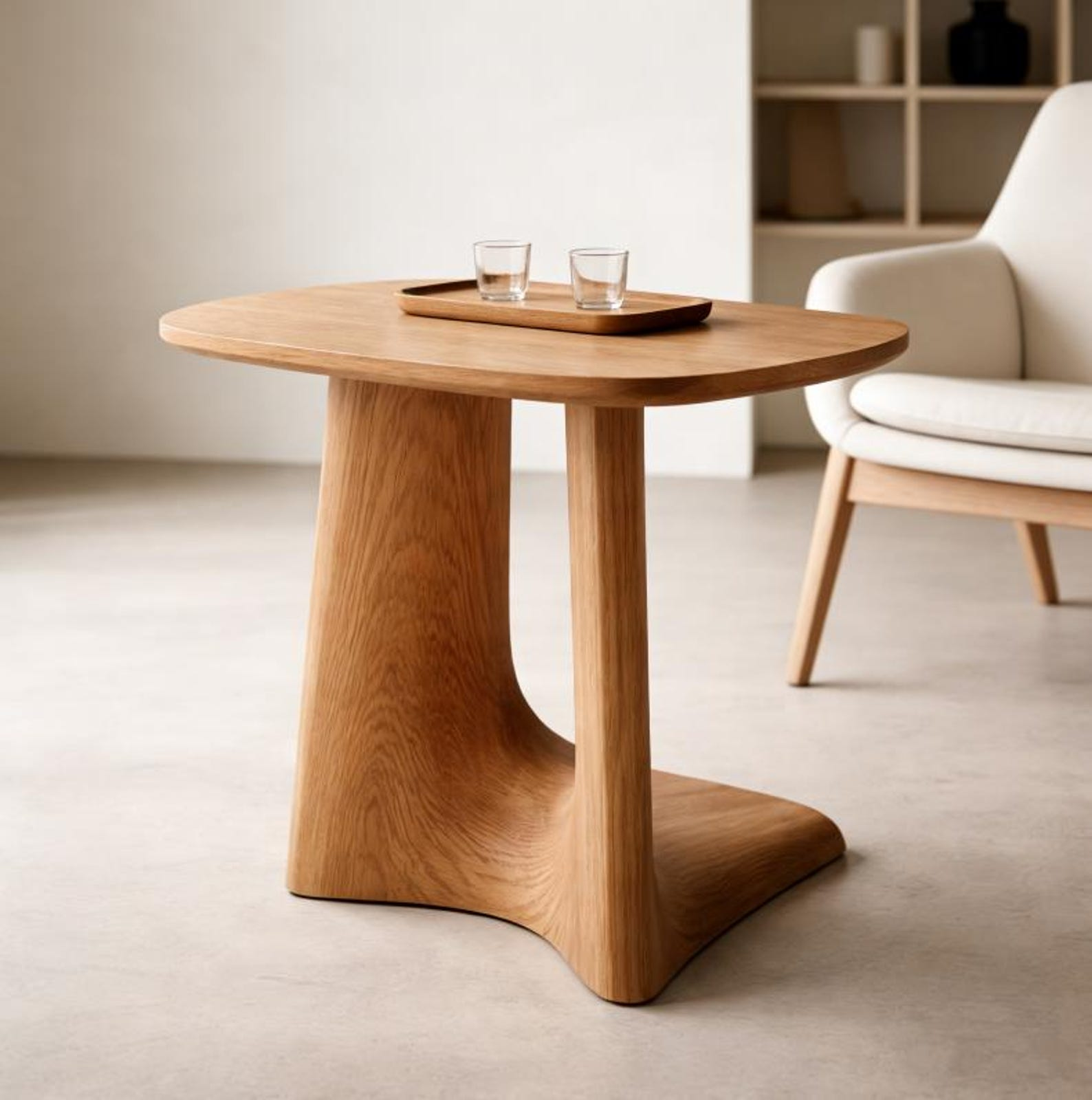Wood Side Table with Rounded Square Top and Sculpted Pedestal Base image 1