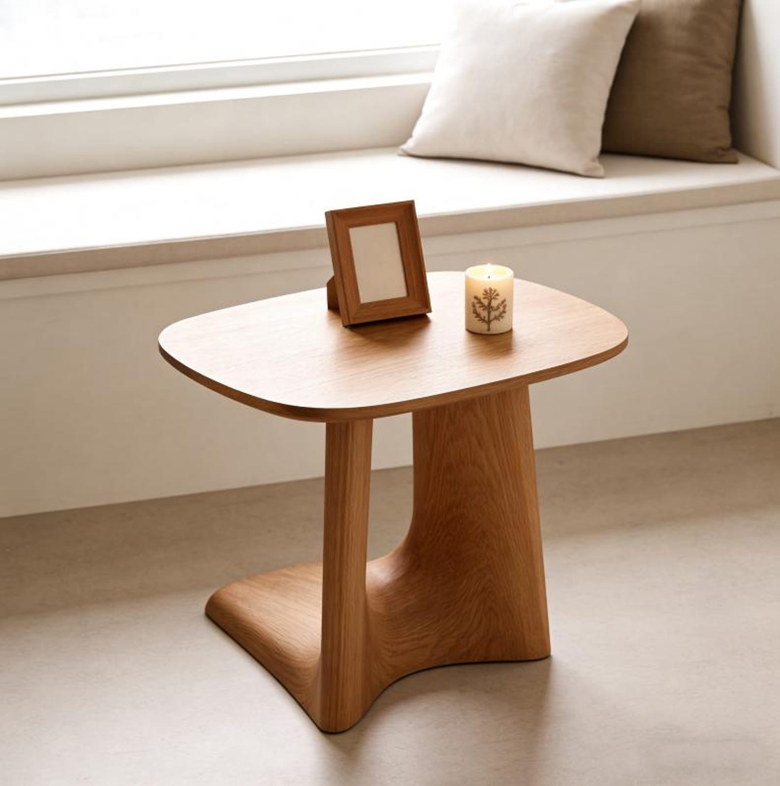 Wood Side Table with Rounded Square Top and Sculpted Pedestal Base image 2